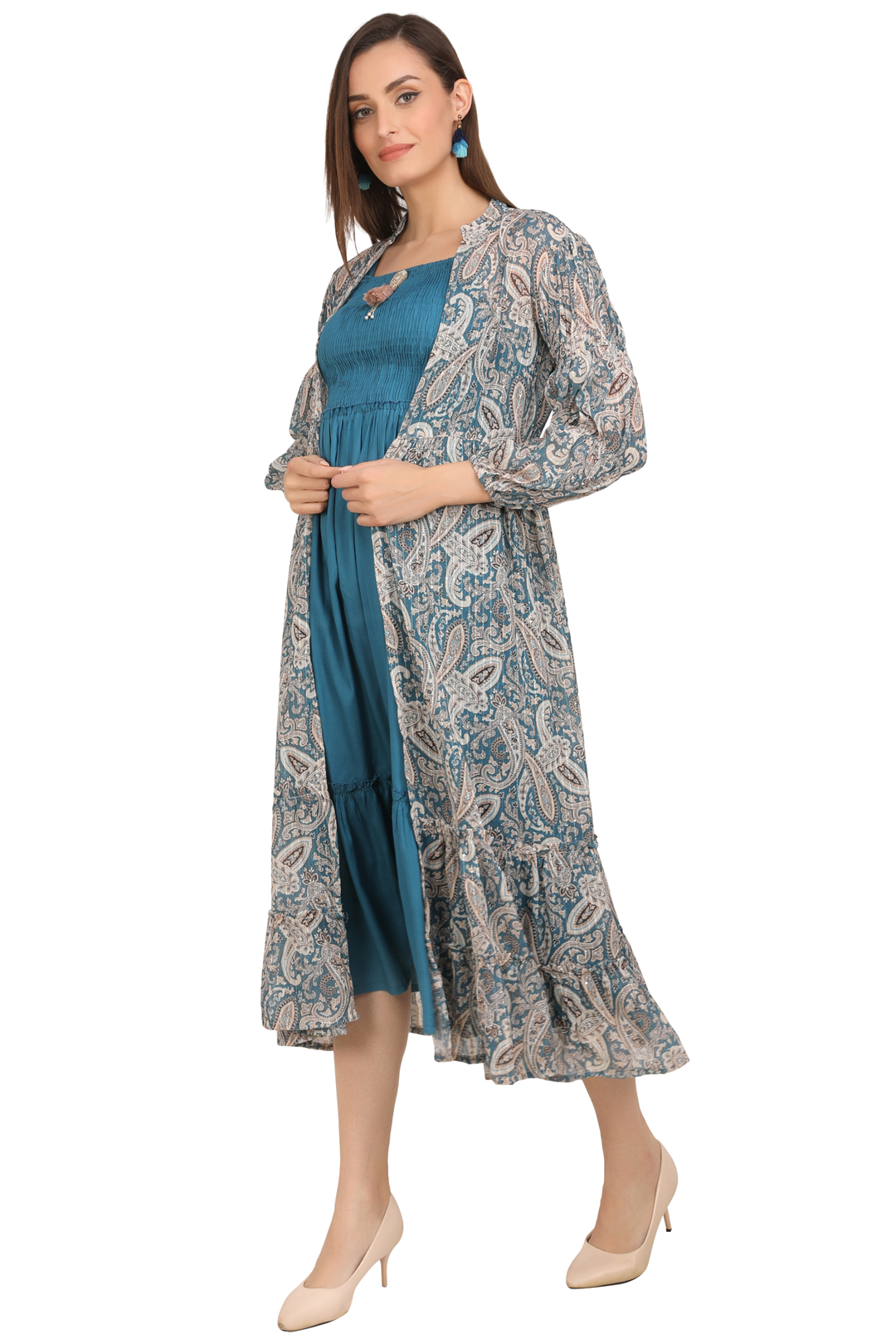 Rayon Smoking Ethnic Dress With paisley lurexJacket Shrug