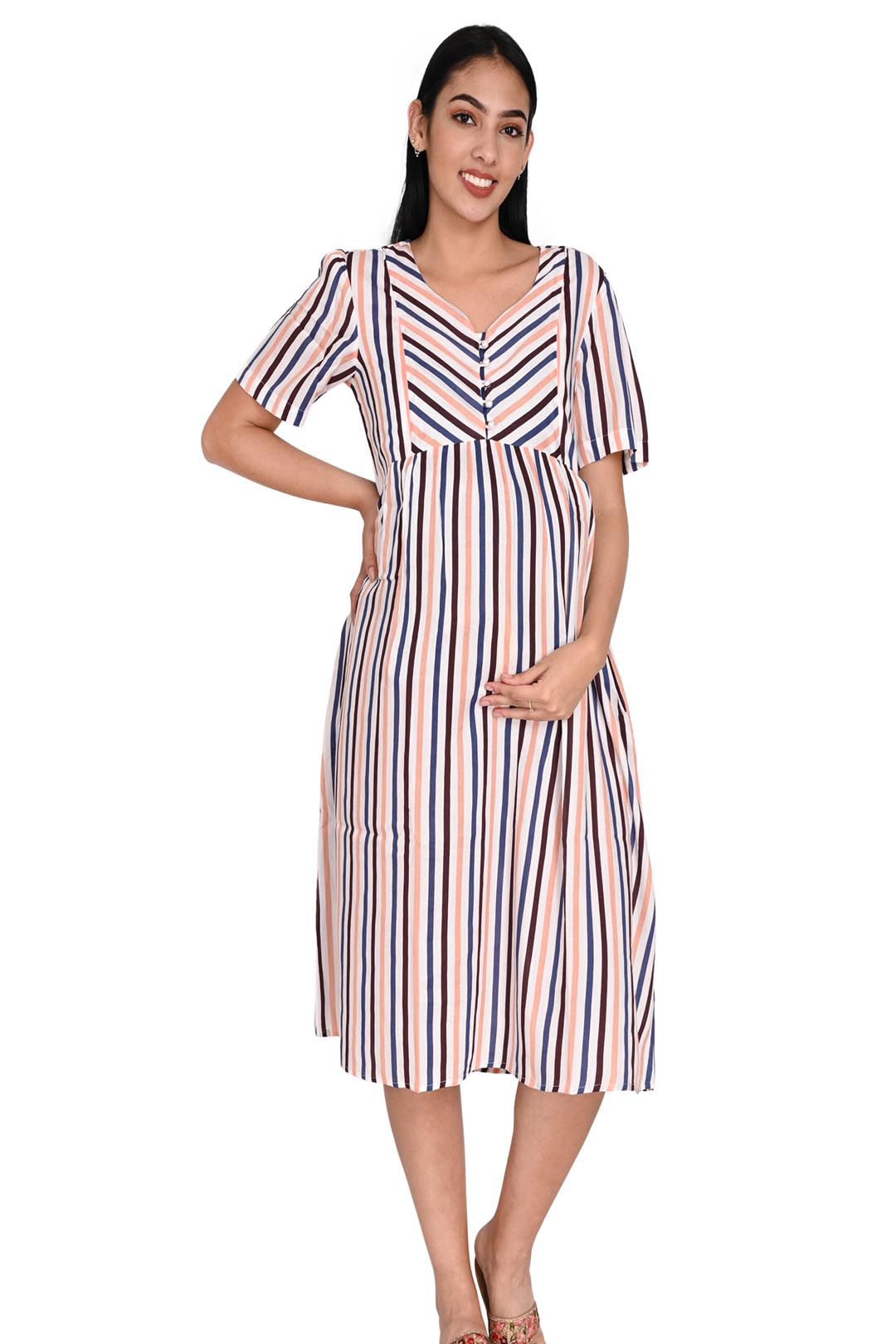 MULTI STRIPE SATIN DRESS -easy for mom to feed baby