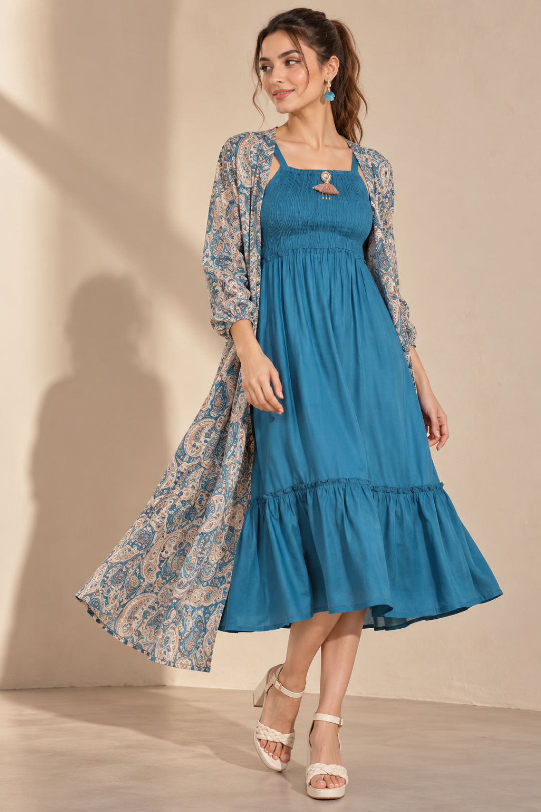 Rayon Smoking Ethnic Dress With Paisley Lurex Jacket Shrug