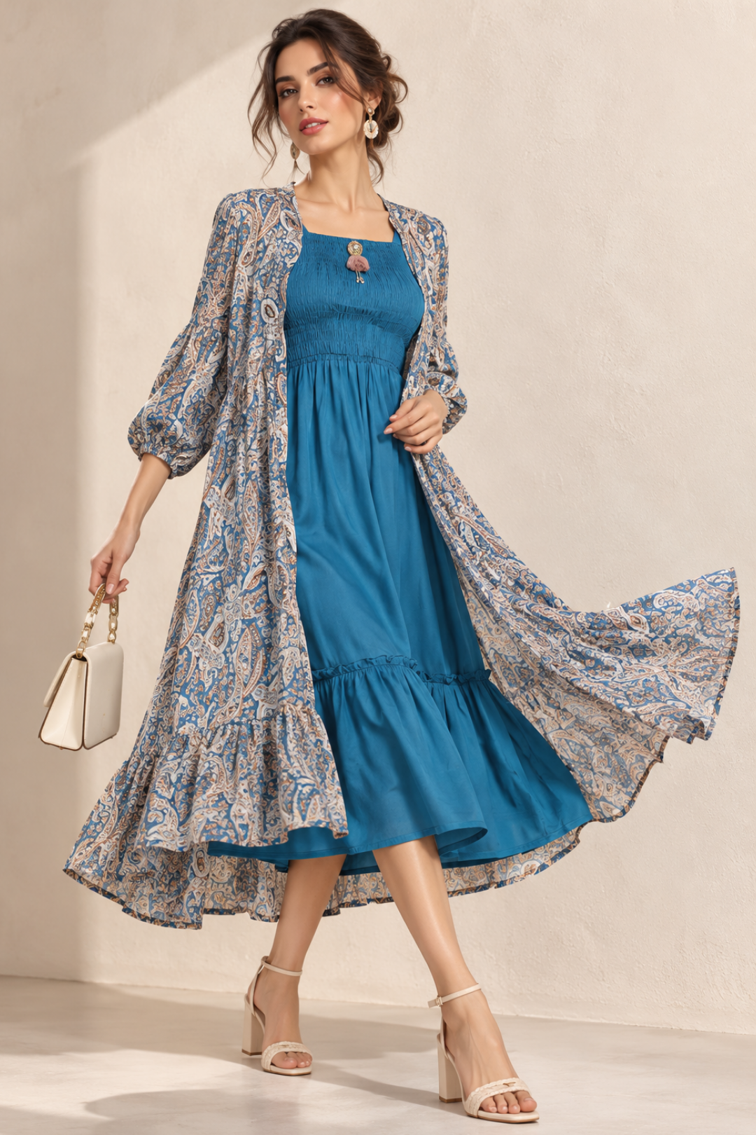 Rayon Smoking Ethnic Dress With Paisley Lurex Jacket Shrug