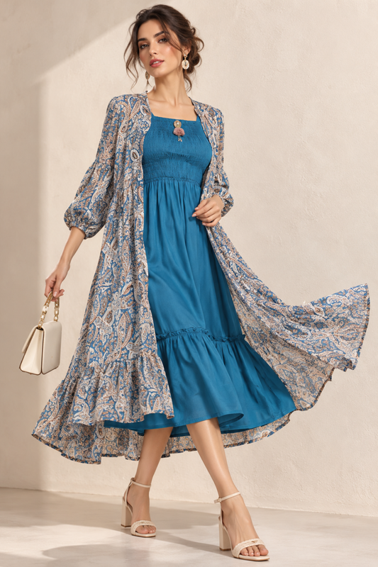 Rayon Smoking Ethnic Dress With Paisley Lurex Jacket Shrug