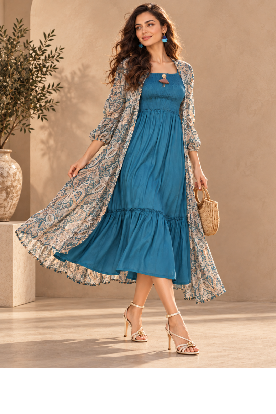Rayon Smoking Ethnic Dress With Paisley Lurex Jacket Shrug