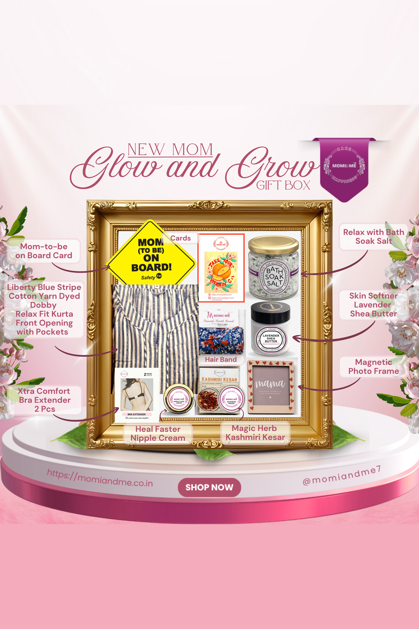 Glow and Grow Gift Box for New Mom | Momiandme Luxurious Glow and Grow for New Mum Gift Box | Gift Hamper | Baby Shower | 7+3 piece