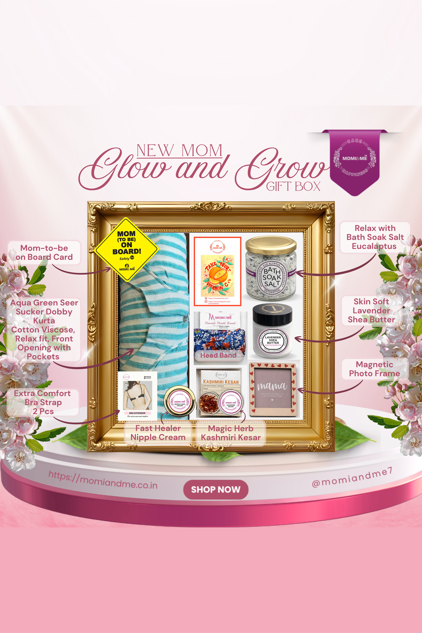 Glow and Grow Gift Box for New Mom | Momiandme Luxurious Glow and Grow for New Mum Gift Box | Gift Hamper | Baby Shower | 7+3 piece