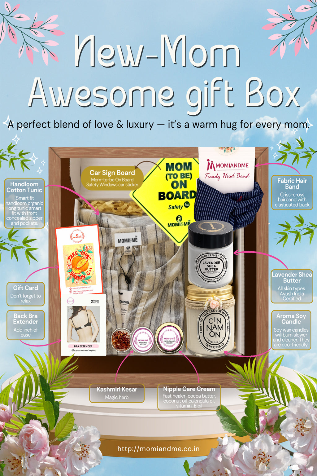 Momiandme New Mom Awesome-Luxury Gift Box | Momiandme Luxurious Gifts for New Mum Gift Box | Gift Hamper | Baby Shower | 5+3 piece