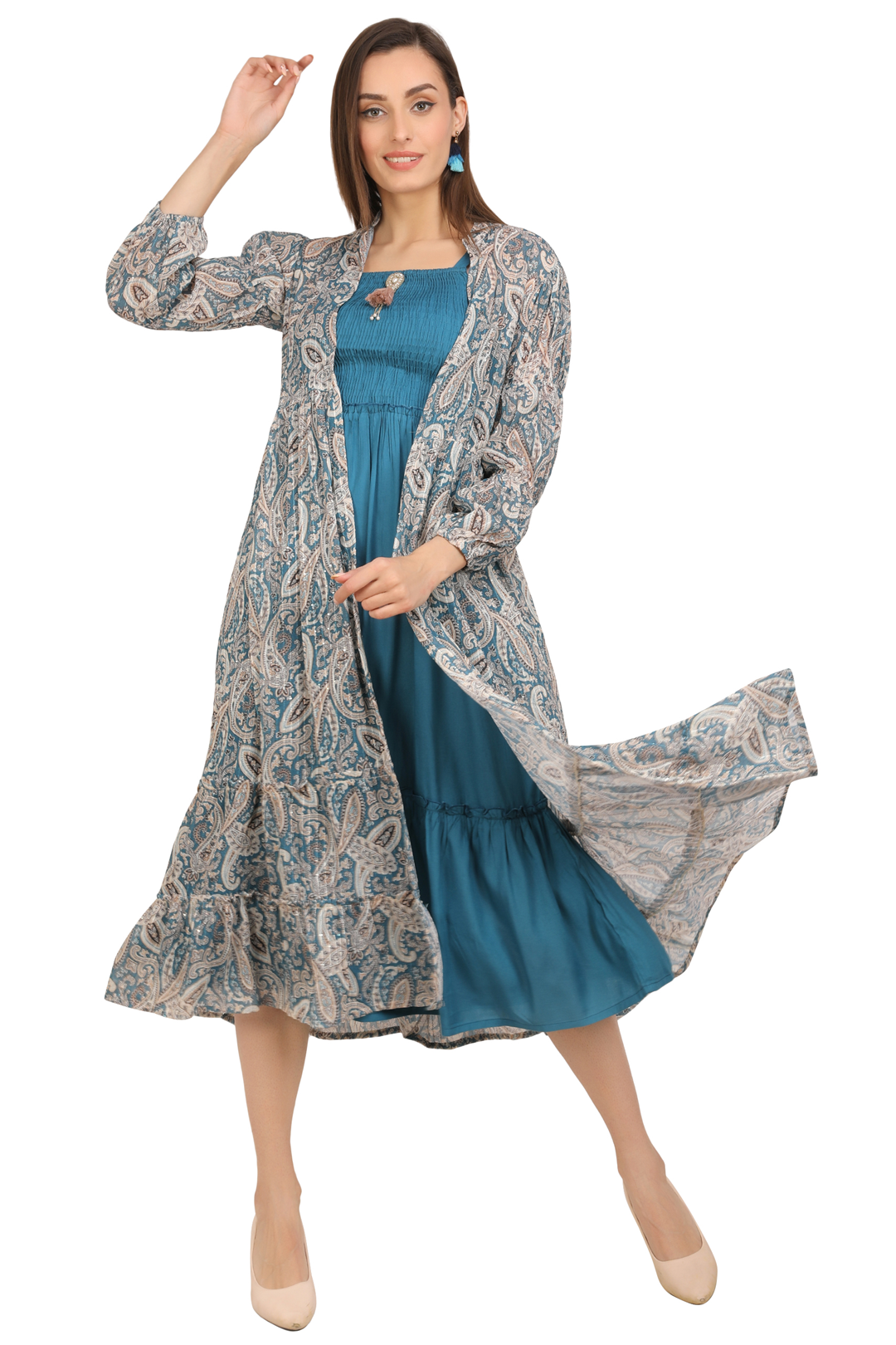 Rayon Smoking Ethnic Dress With  paisley lurexJacket Shrug