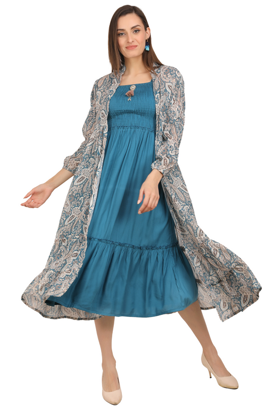 Rayon Smoking Ethnic Dress With  paisley lurexJacket Shrug