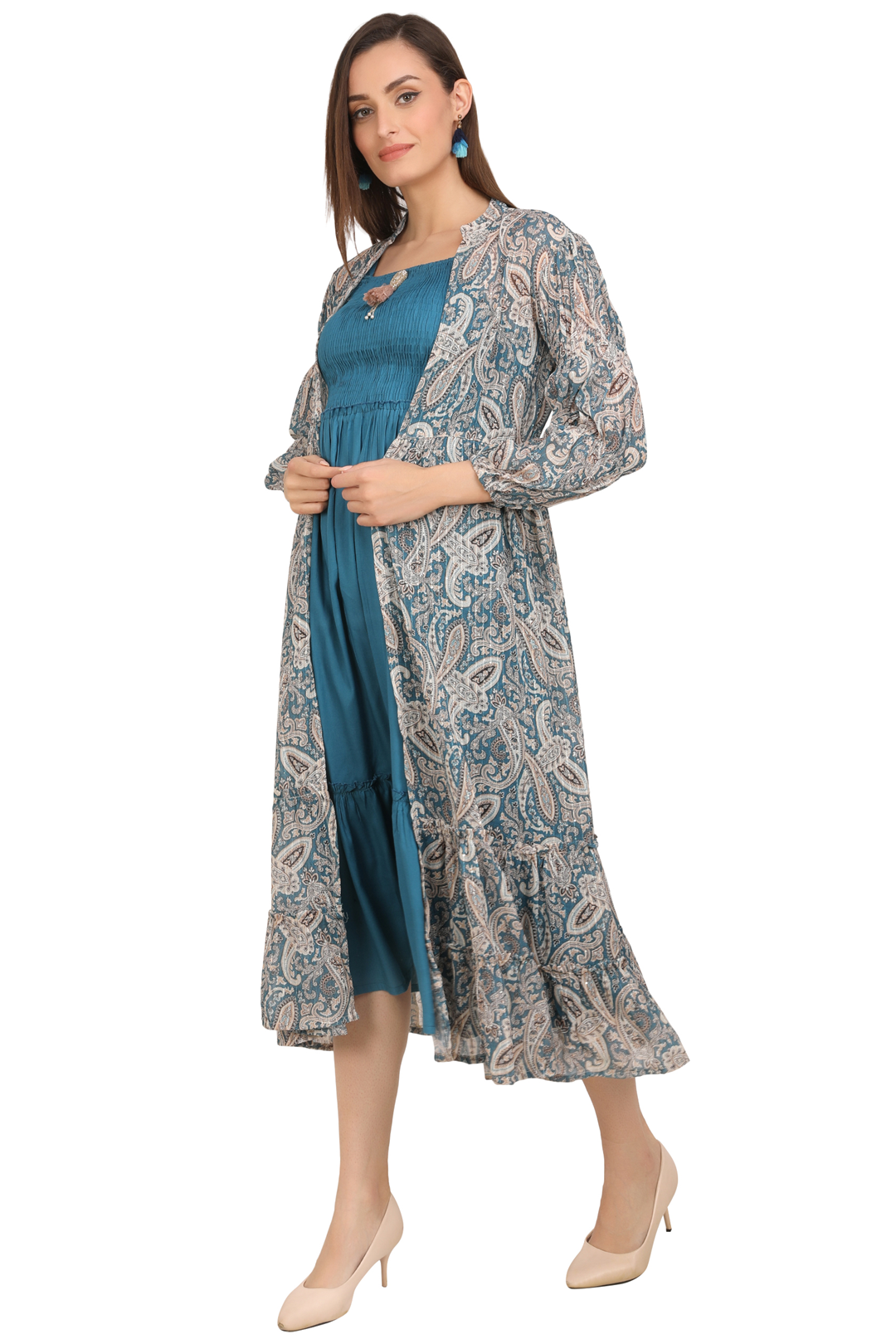 Rayon Smoking Ethnic Dress With  paisley lurexJacket Shrug