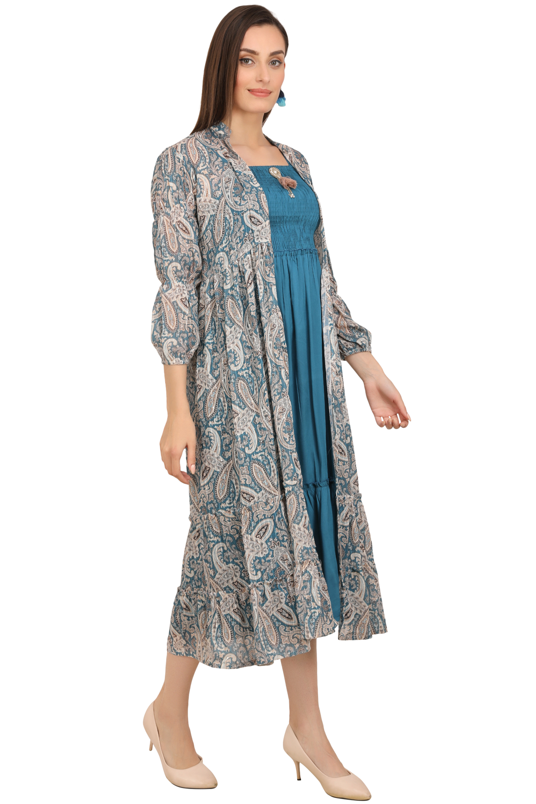 Rayon Smoking Ethnic Dress With  paisley lurexJacket Shrug