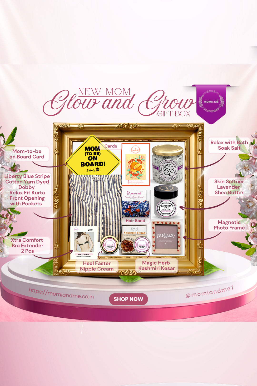 Glow and Grow Gift Box for New Mom | Momiandme Luxurious Glow and Grow for New Mum Gift Box | Gift Hamper | Baby Shower | 7+3 piece