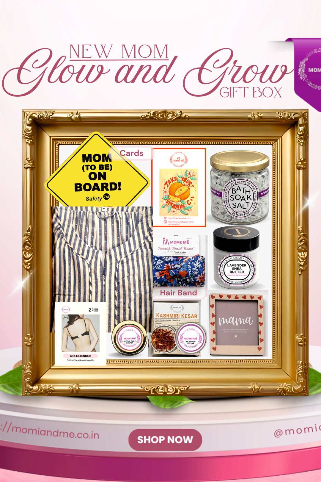 Glow and Grow Gift Box for New Mom | Momiandme Luxurious Glow and Grow for New Mum Gift Box | Gift Hamper | Baby Shower | 7+3 piece