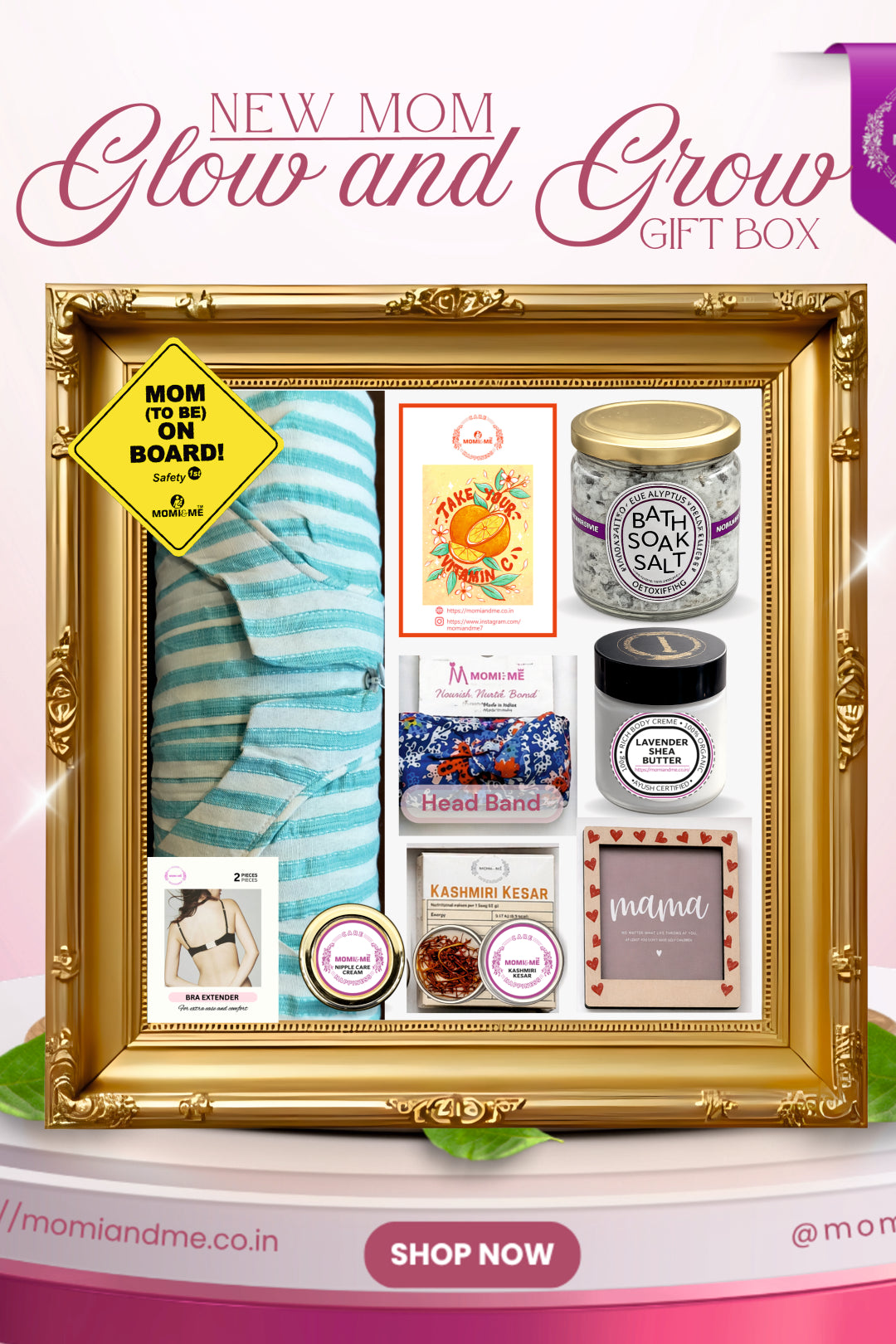 Glow and Grow Gift Box for New Mom | Momiandme Luxurious Glow and Grow for New Mum Gift Box | Gift Hamper | Baby Shower | 7+3 piece