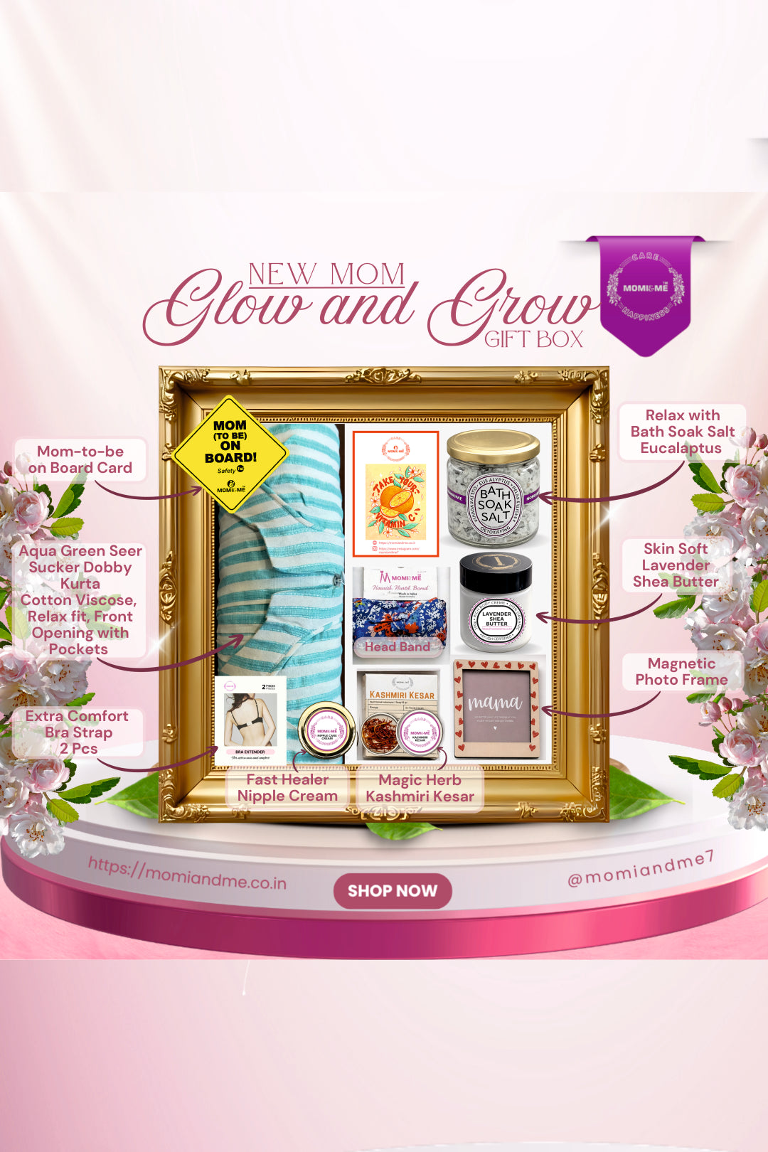Glow and Grow Gift Box for New Mom | Momiandme Luxurious Glow and Grow for New Mum Gift Box | Gift Hamper | Baby Shower | 7+3 piece