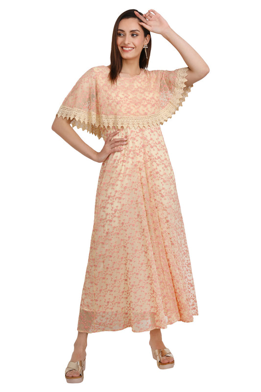 Luxury Mesh Embroidered Lace Long Dress – Peach