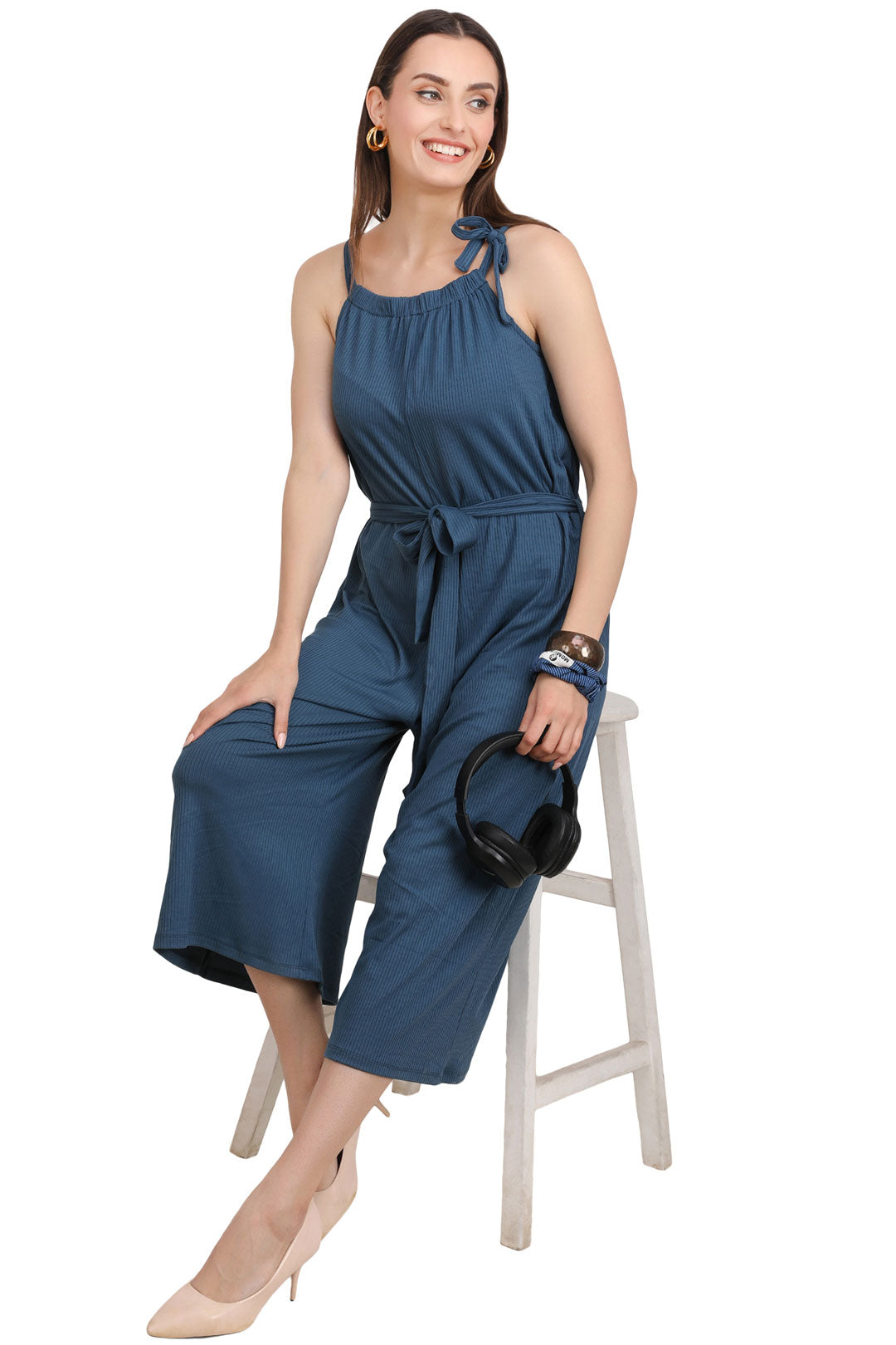 Turq Pin Stripe Jump Suit With Stretch