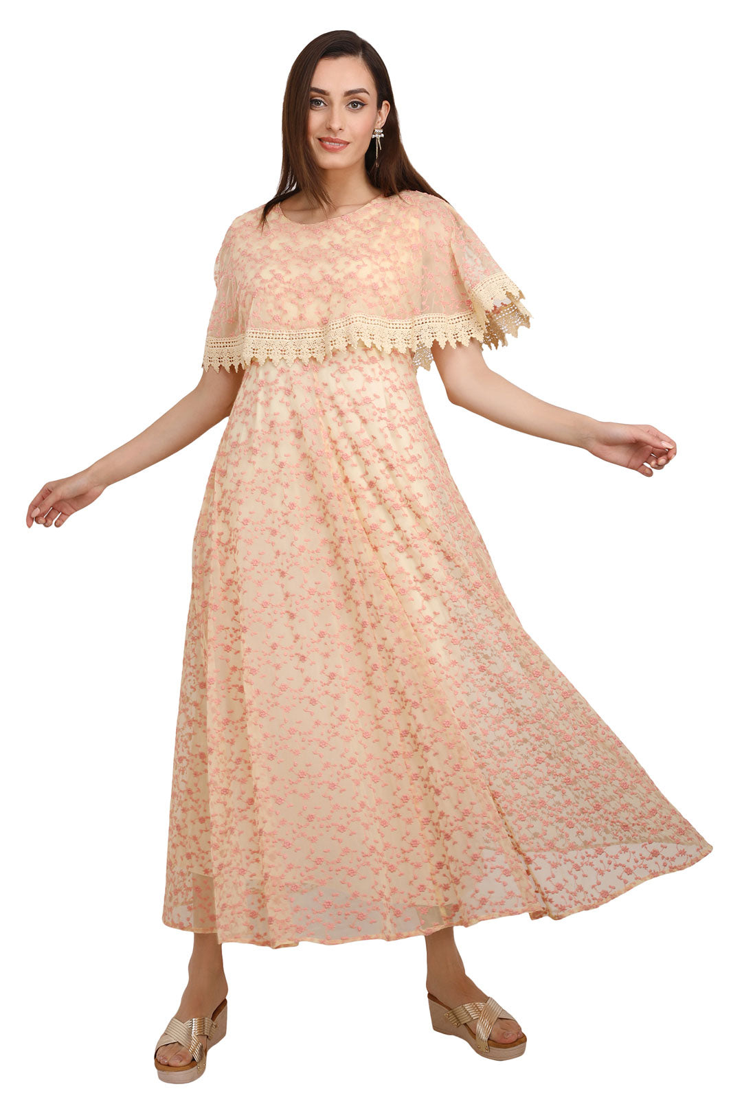 Luxury Mesh Embroidered Lace Long Dress – Peach