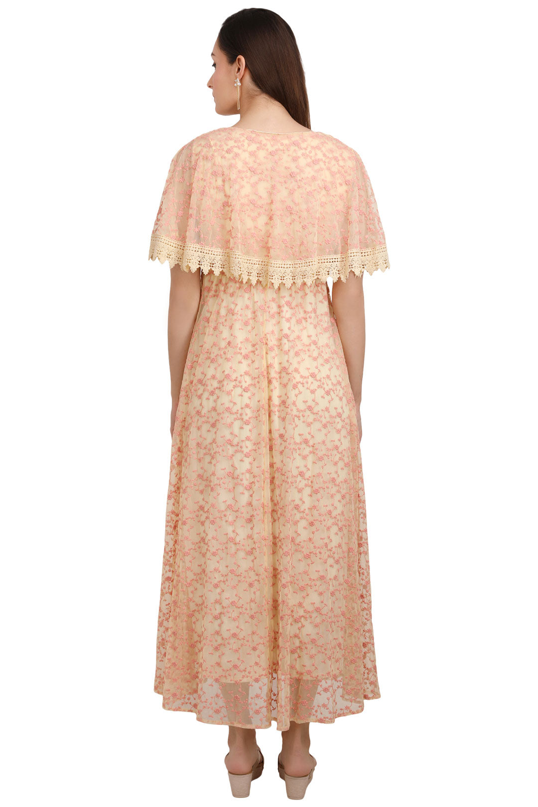Luxury Mesh Embroidered Lace Long Dress – Peach