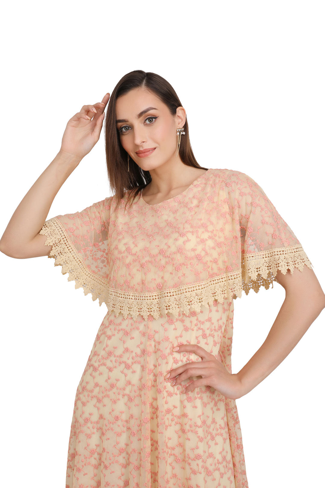 Luxury Mesh Embroidered Lace Long Dress – Peach