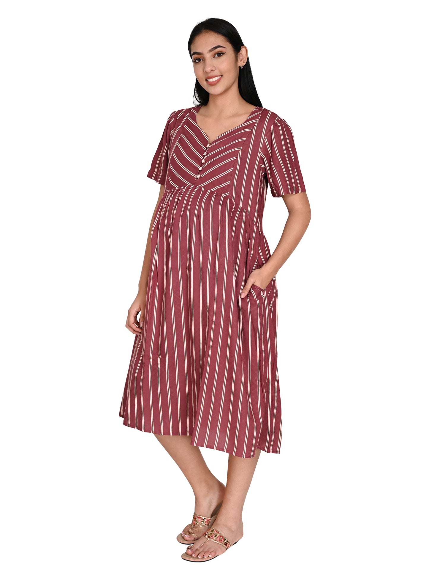 Old Rose stripe knee length dress-4