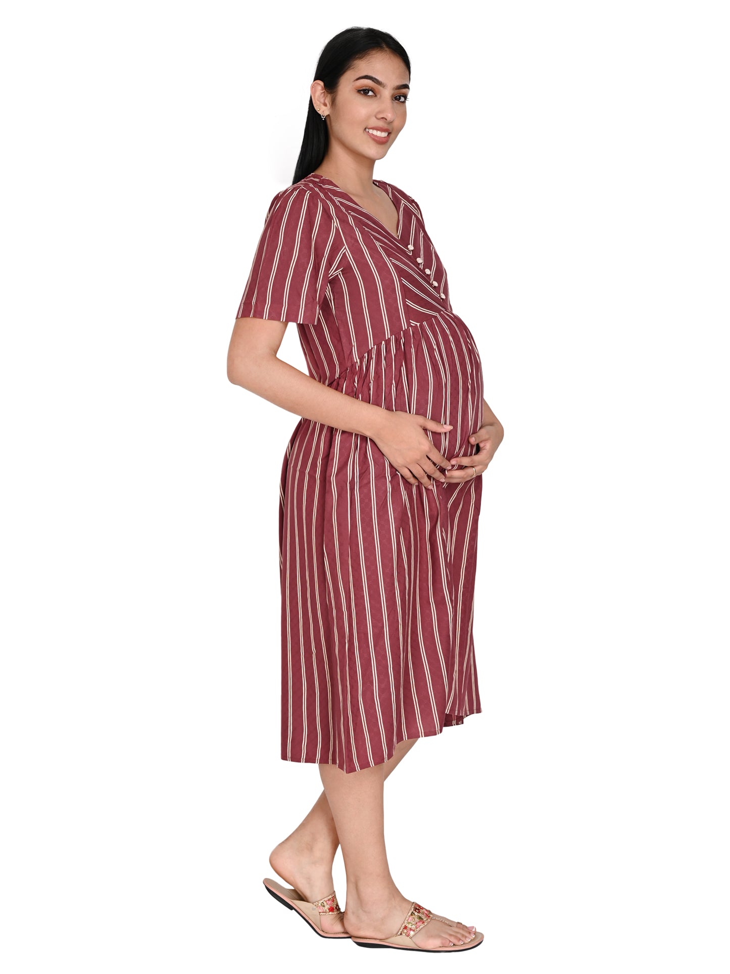 Old Rose stripe knee length dress-1