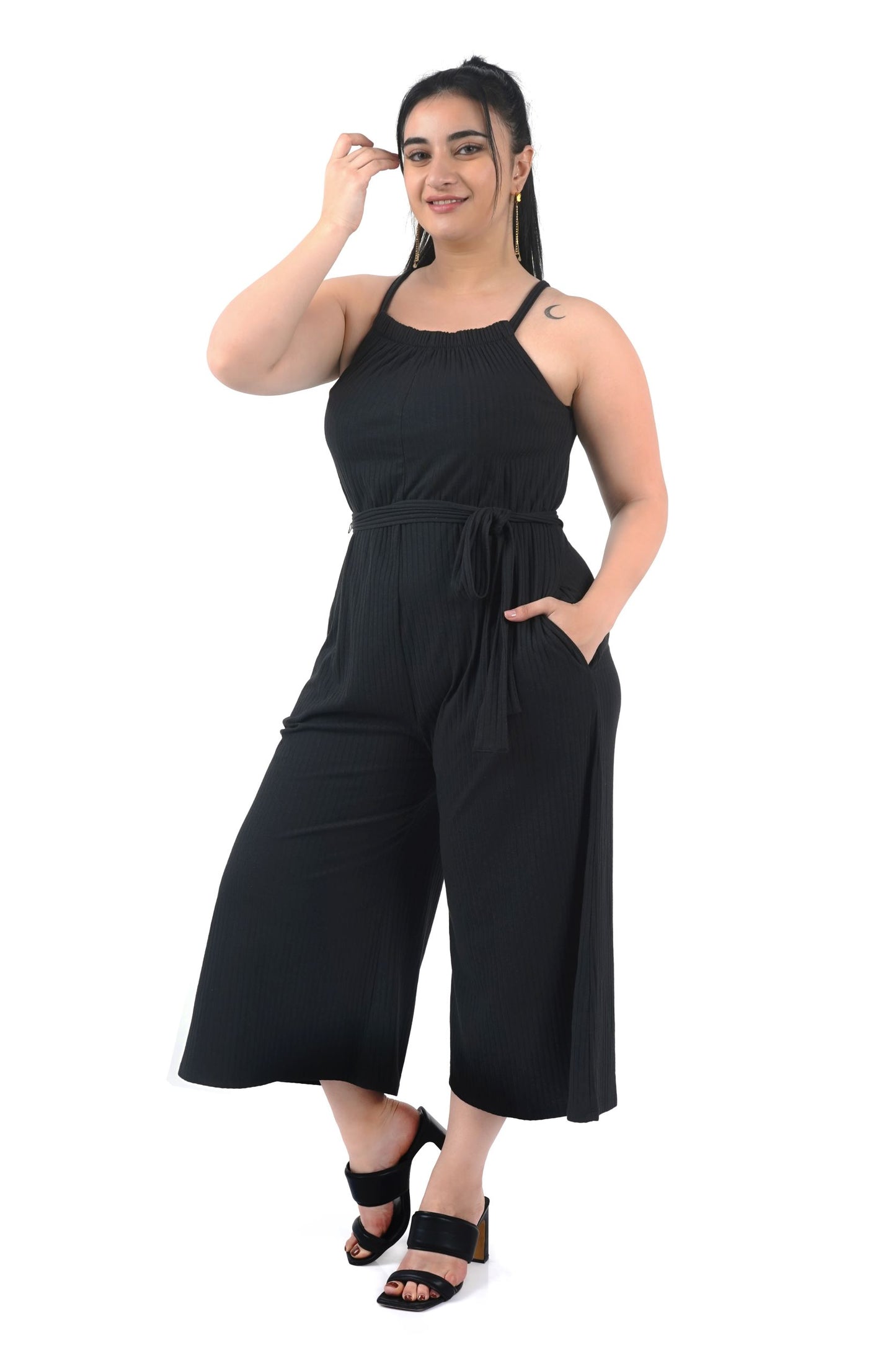 Onxy Black Pin Stripe Wide Leg Jumpsuit