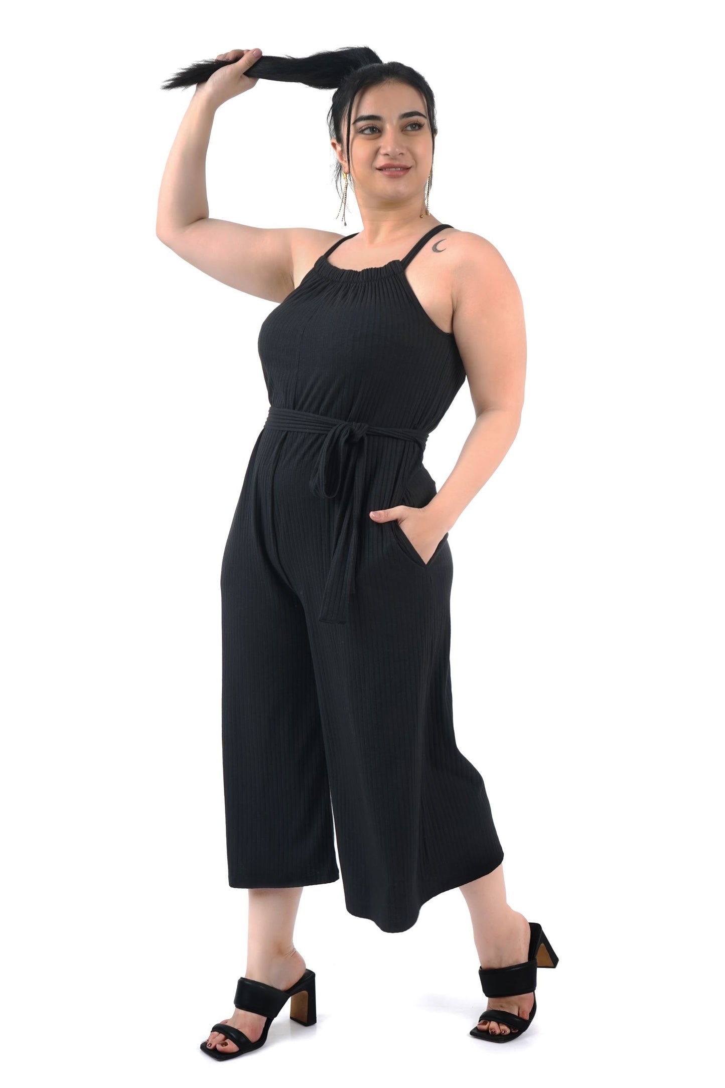 Onxy Black Pin Stripe Wide Leg Jumpsuit