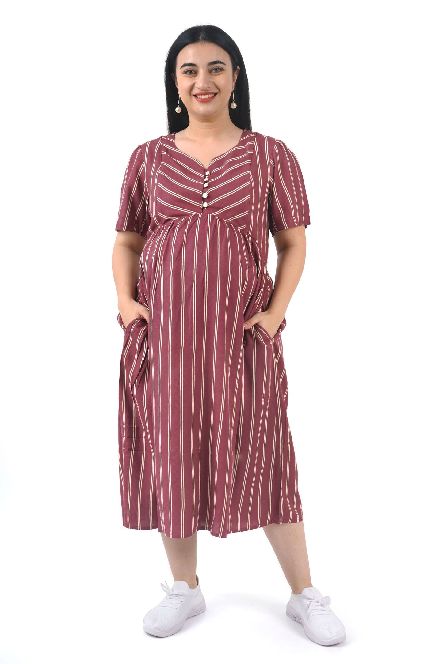 Old Rose stripe knee length dress-MOMIANDME