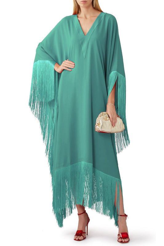 Sombre Green Silky Fringed Kaftan