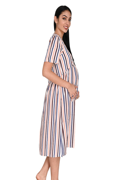 MULTI  STRIPE SATIN DRESS -easy for mom to feed baby