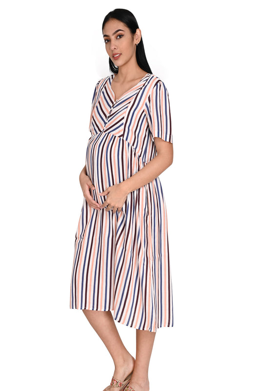 MULTI  STRIPE SATIN DRESS -easy for mom to feed baby