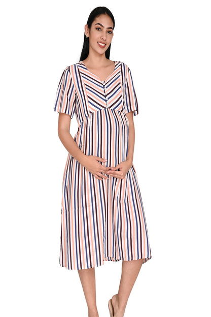 MULTI  STRIPE SATIN DRESS -easy for mom to feed baby